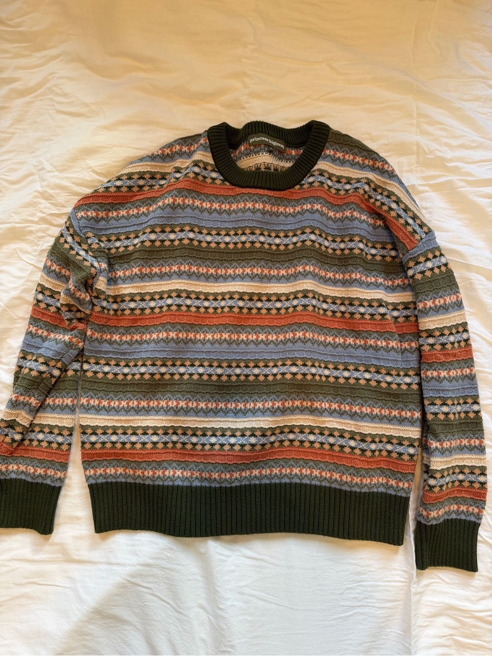 Princess Highway Olive Multi-Stripe Crewneck Sweater with Rust and Blue Accents